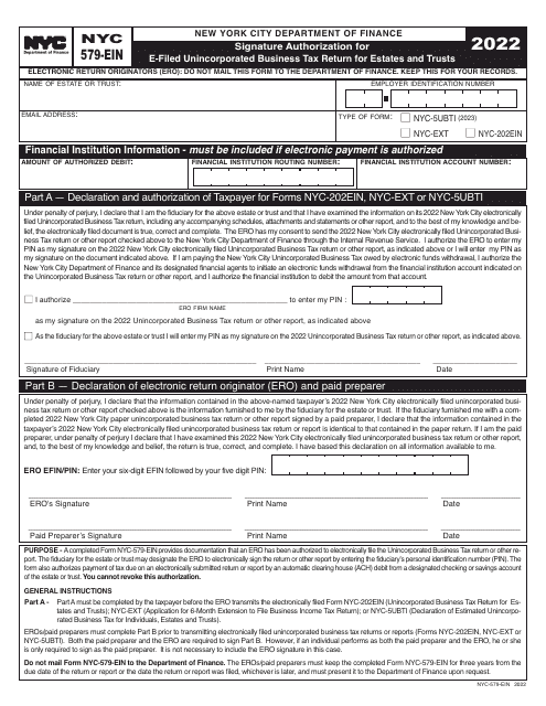 Form NYC-579-EIN 2022 Printable Pdf
