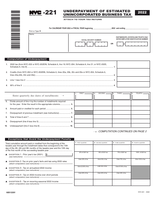 Form NYC-221 Underpayment of Estimated Unincorporated Business Tax - New York City, 2022
