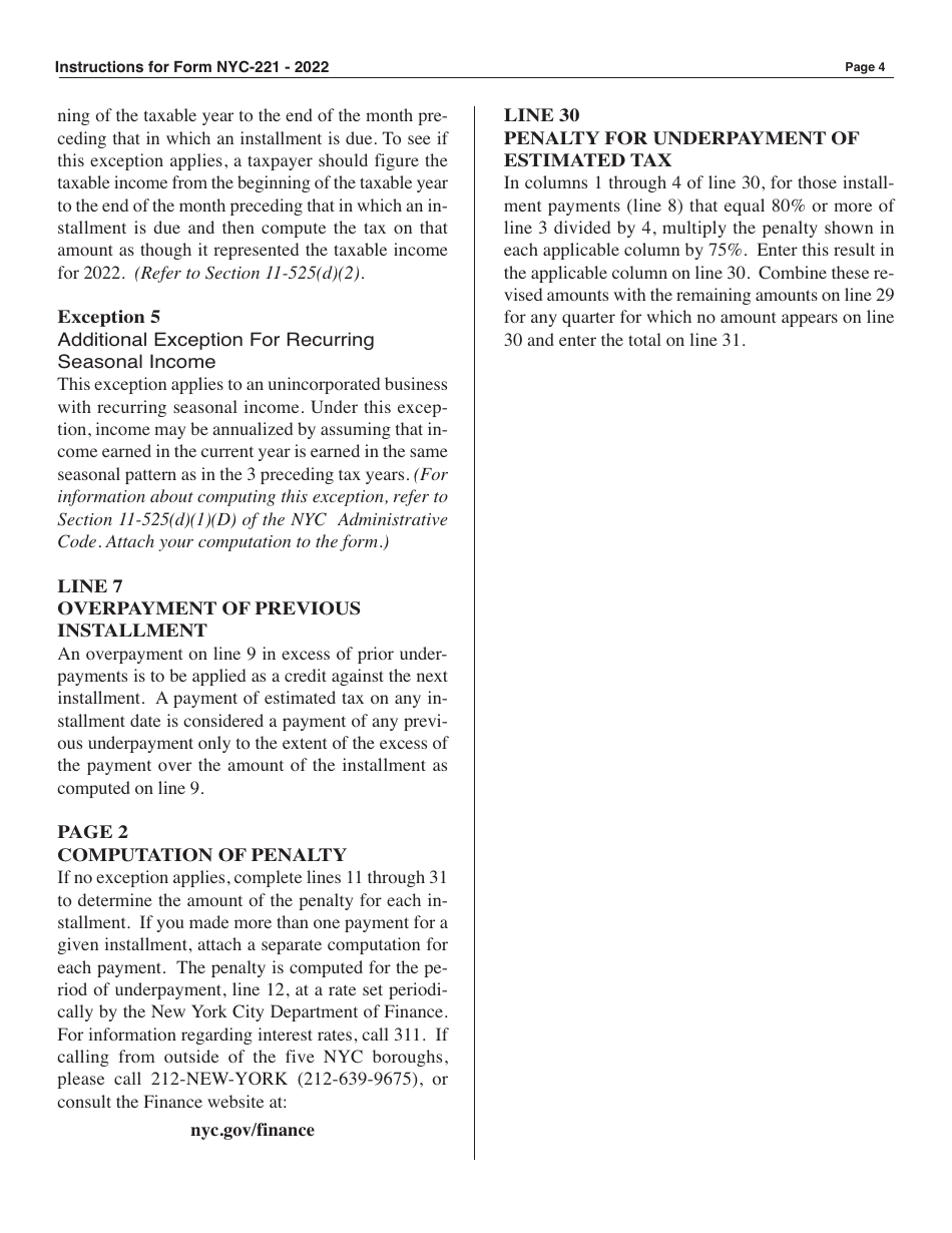 Form NYC-221 Underpayment of Estimated Unincorporated Business Tax - New York City, Page 4