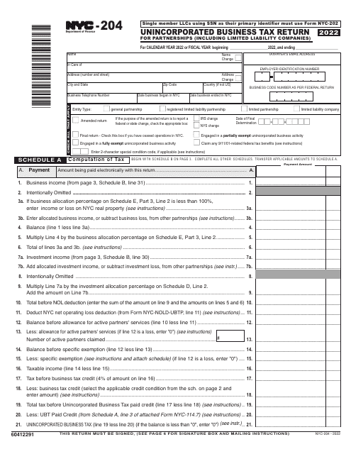 Form NYC-204 Unincorporated Business Tax Return for Partnerships (Including Limited Liability Companies) - New York City, 2022