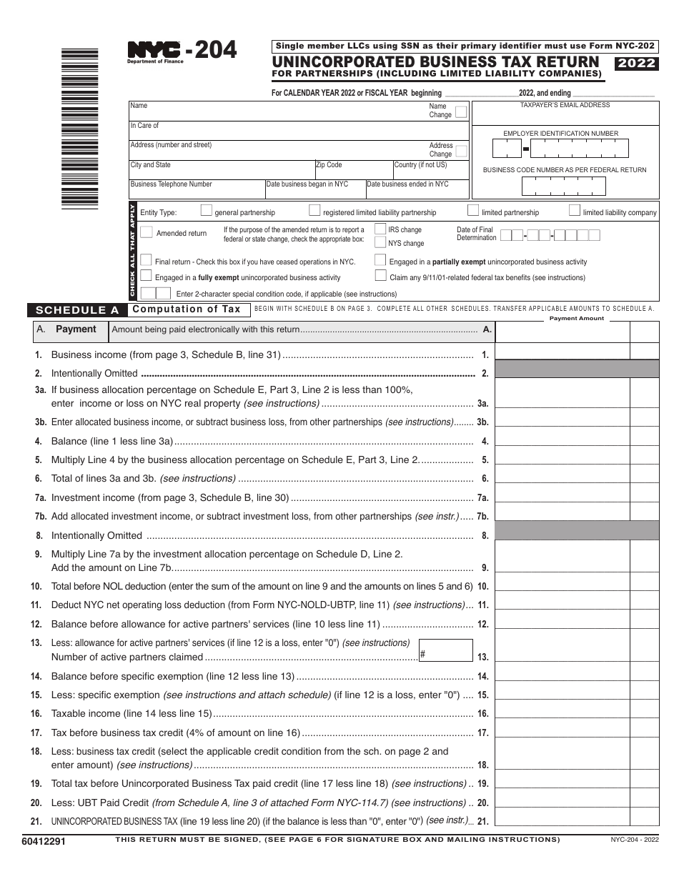 Form NYC204 Download Printable PDF or Fill Online Unincorporated