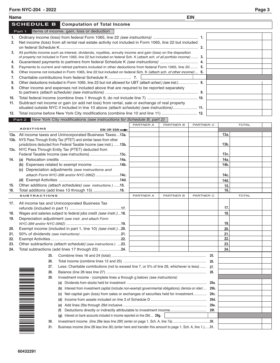 Form NYC-204 Unincorporated Business Tax Return for Partnerships (Including Limited Liability Companies) - New York City, Page 3