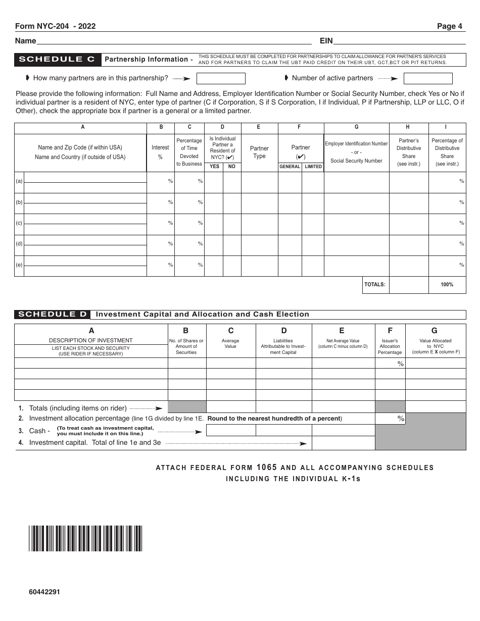 Form NYC-204 Unincorporated Business Tax Return for Partnerships (Including Limited Liability Companies) - New York City, Page 4