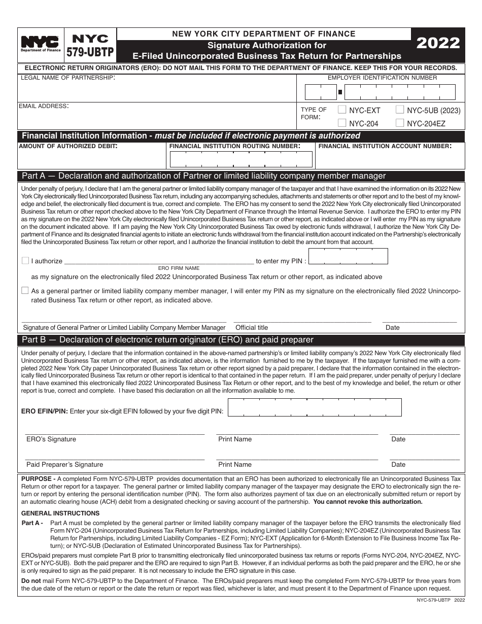 Form 579-UBPT Signature Authorization for E-Filed Unincorporated Business Tax Return for Partnerships - New York City, Page 1