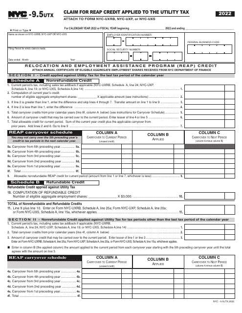 Form NYC-9.5UTX Claim for Reap Credit Applied to the Utility Tax - New York City, 2022