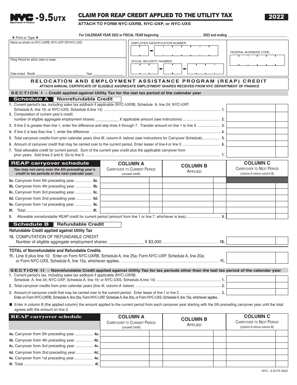 Form NYC-9.5UTX Download Printable PDF or Fill Online Claim for Reap ...