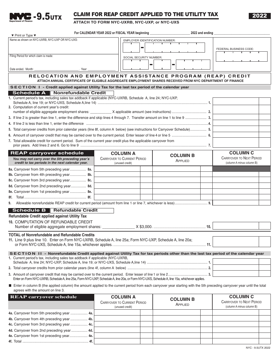 Form NYC-9.5UTX Claim for Reap Credit Applied to the Utility Tax - New York City, Page 1