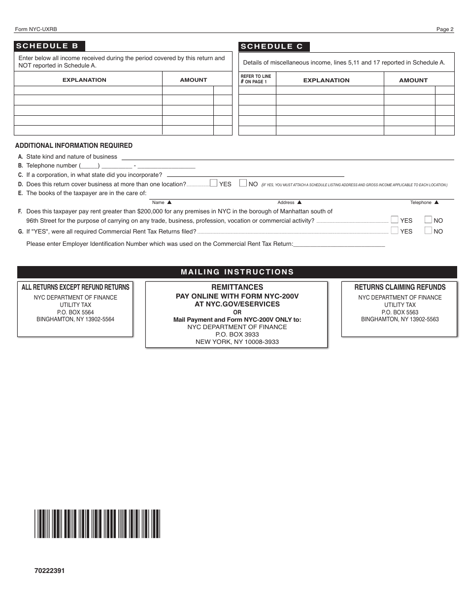 Form NYC-UXRB Return of Excise Tax by Utilities and Limited Fare Omnibus Companies for Use by Railroads, Bus Companies, and Other Common Carriers Other Than Trucking Companies - New York City, Page 2
