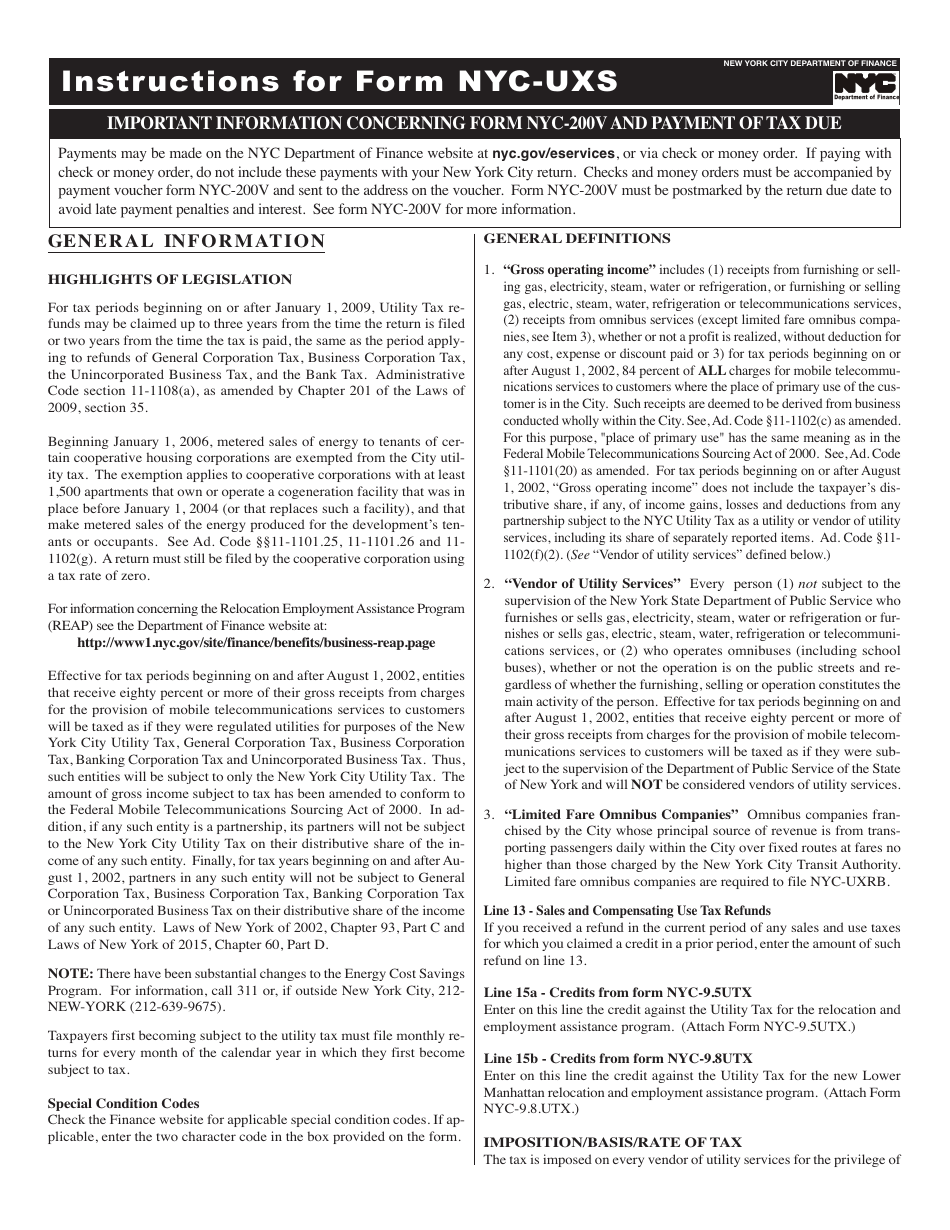 Form NYC-UXS Return of Excise Tax by Vendors of Utility Services for Use by Persons (Other Than a Limited Fare Omnibus Company) Not Subject to the Supervision of the Department of Public Service Who Furnish or Sell Utility Services or Operate Omnibuses - New York City, Page 3