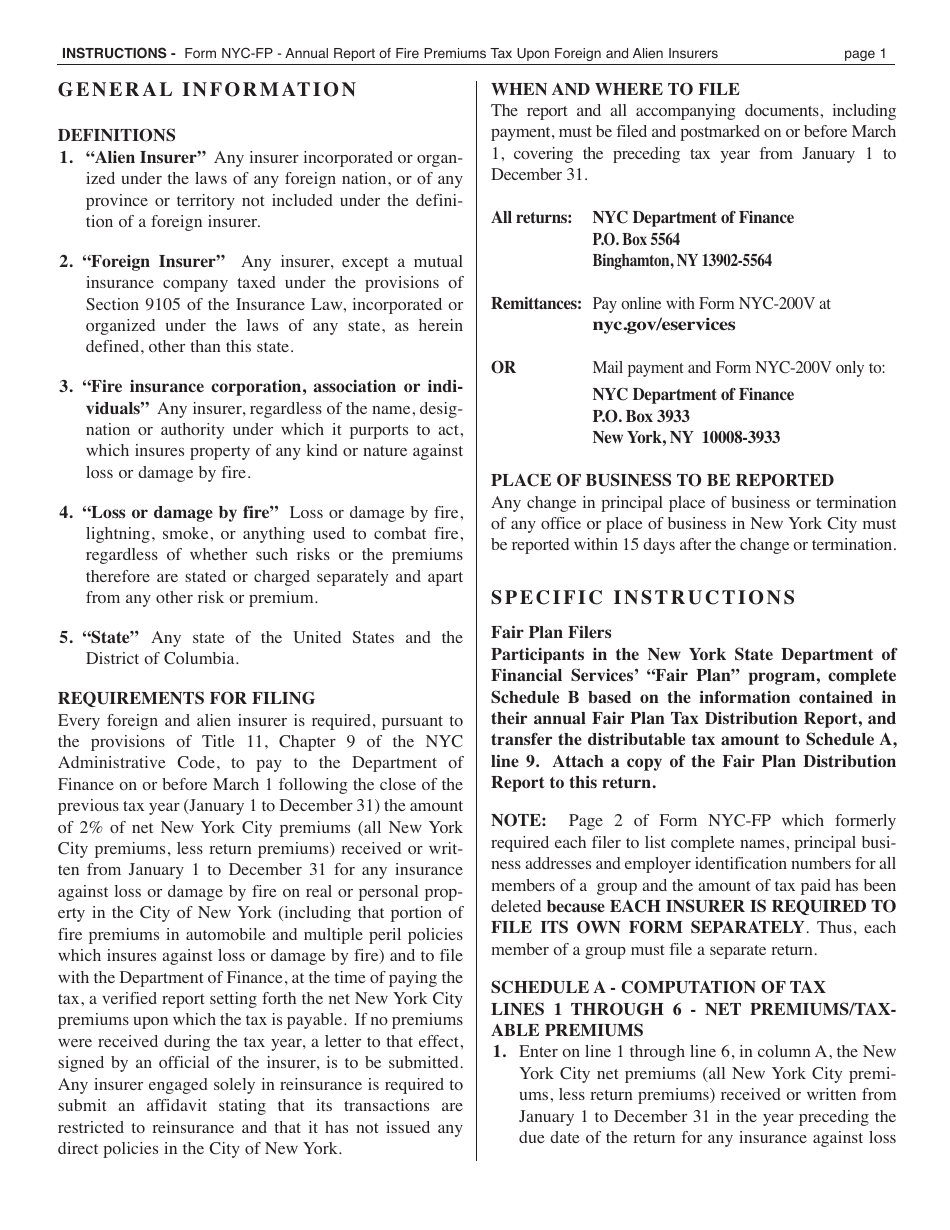 Form NYC-FP Annual Report of Fire Premiums Tax Upon Foreign and Alien Insurers - New York City, Page 3