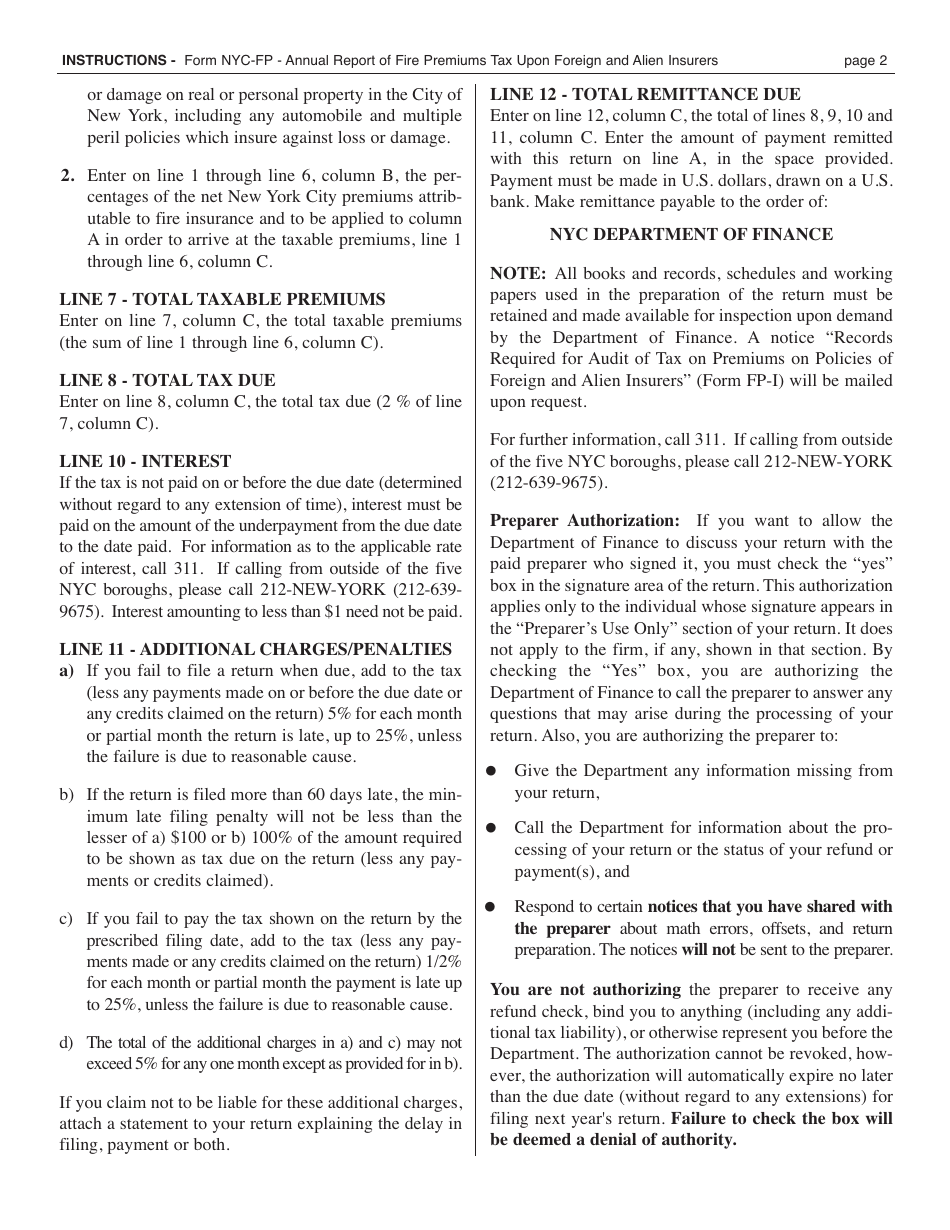 Form NYC-FP Annual Report of Fire Premiums Tax Upon Foreign and Alien Insurers - New York City, Page 4