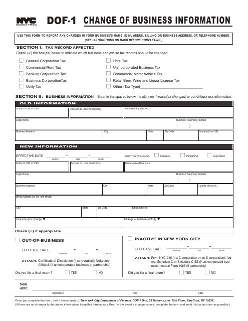 Form DOF-1 Change of Business Information - New York City, 2022