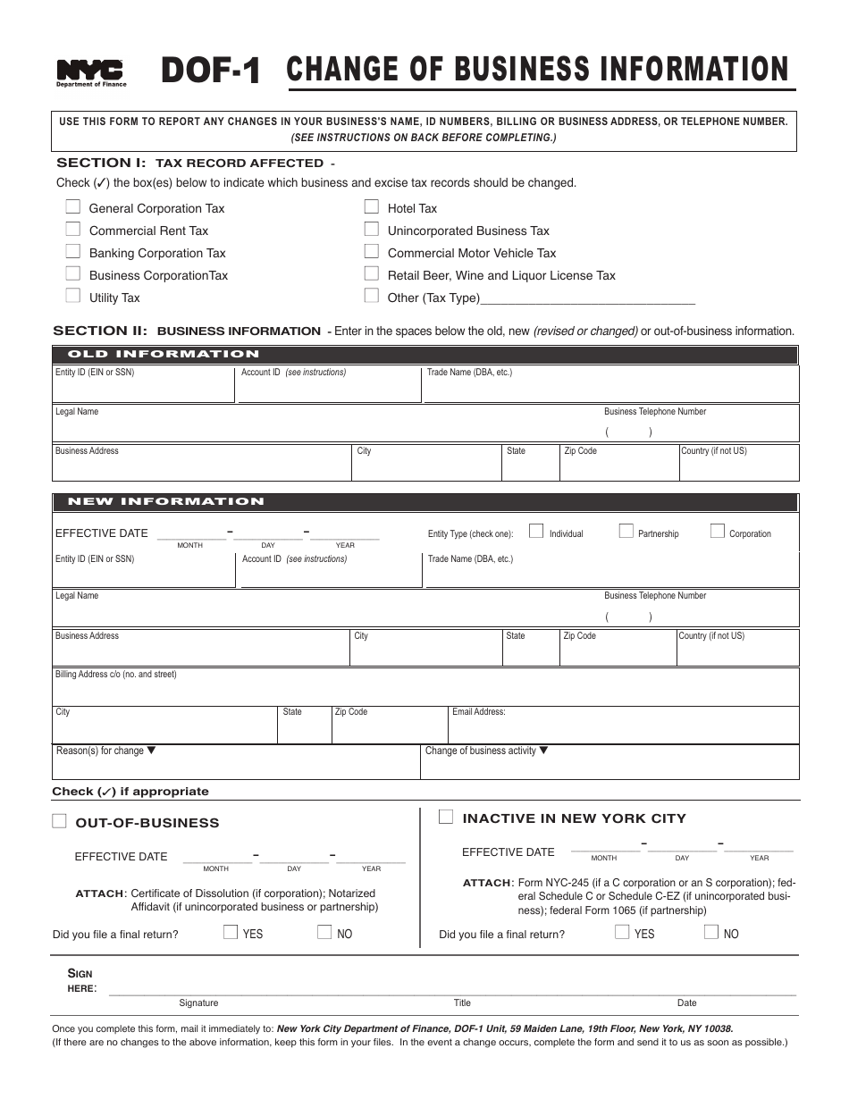 Form DOF-1 Change of Business Information - New York City, Page 1