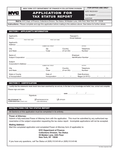 Application for Tax Status Report - New York City, 2022