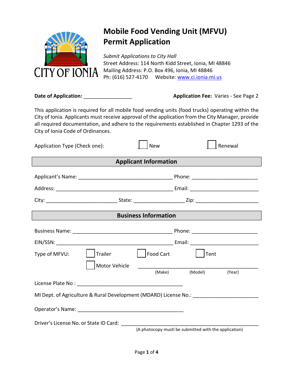 Mobile Food Vending Unit (Mfvu) Permit Application - City of Ionia, Michigan, Page 1