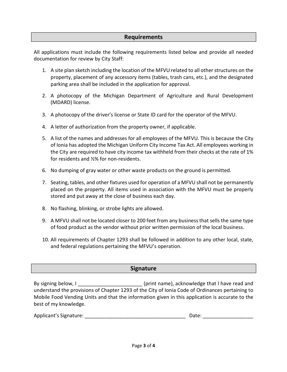 Mobile Food Vending Unit (Mfvu) Permit Application - City of Ionia, Michigan, Page 3