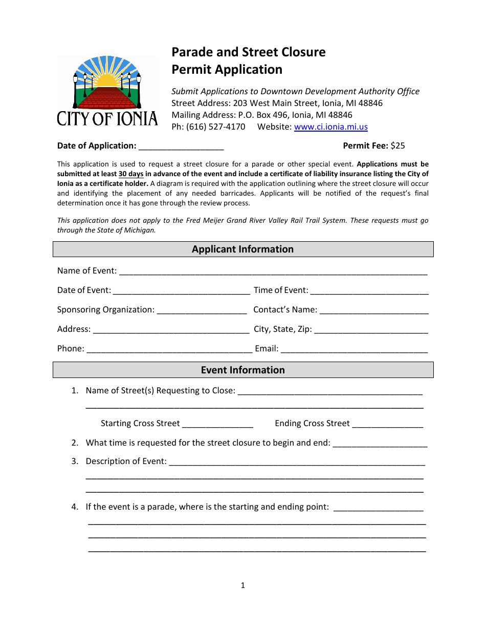 Parade and Street Closure Permit Application - City of Ionia, Michigan, Page 1