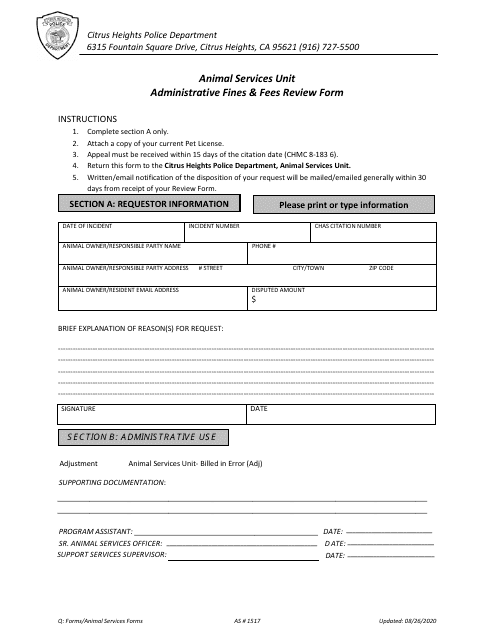 Form AS1517 Administrative Fines & Fees Review Form - City of Citrus Heights, California