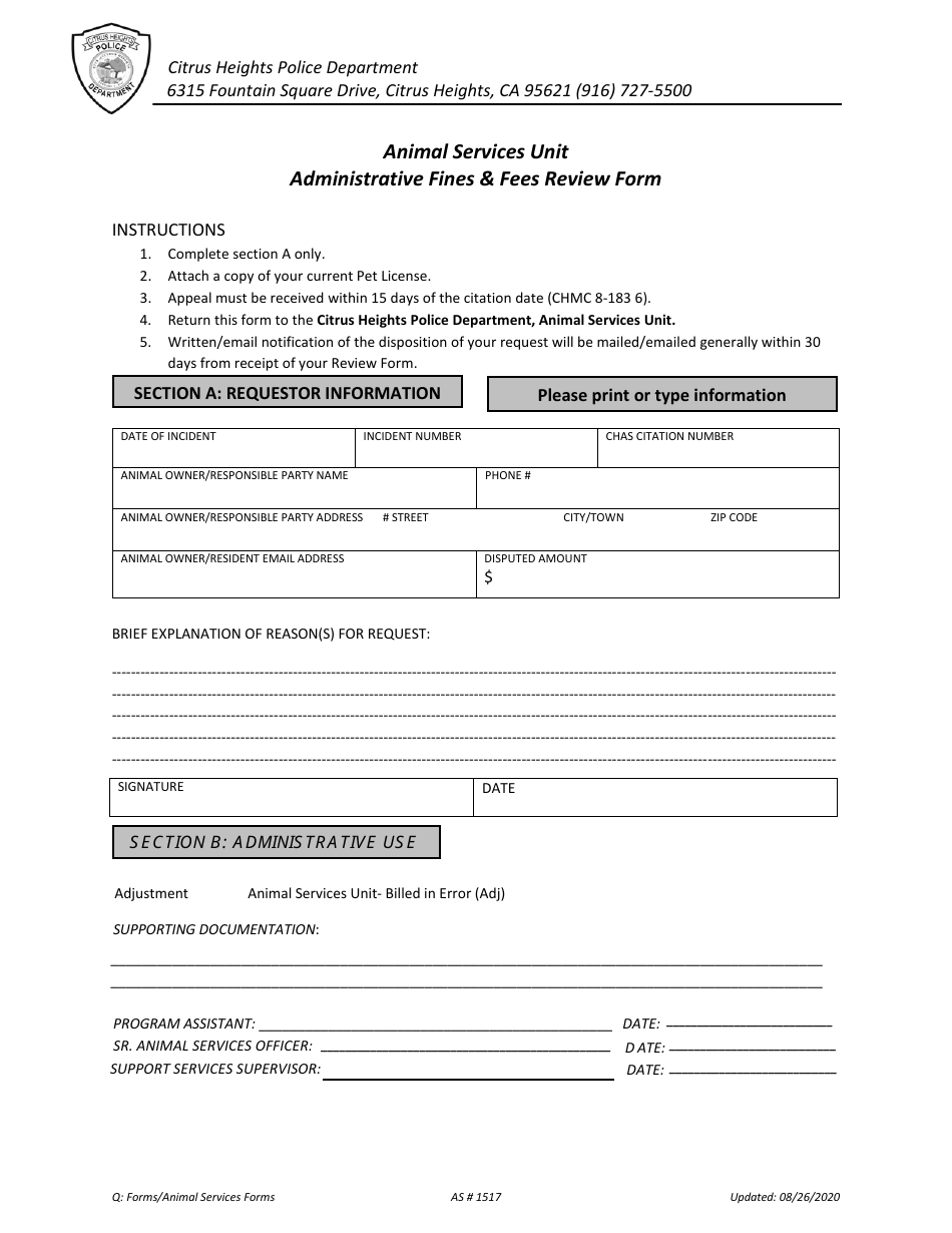 Form AS1517 Administrative Fines  Fees Review Form - City of Citrus Heights, California, Page 1
