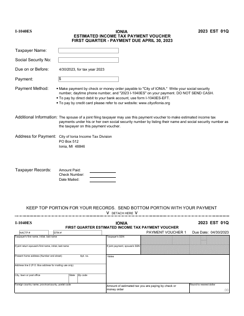 Form I-1040ES Estimated Income Tax Payment Vouchers - City of Ionia, Michigan, 2023