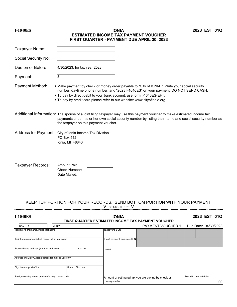 Form I-1040ES Estimated Income Tax Payment Vouchers - City of Ionia, Michigan, Page 1