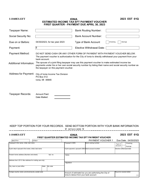 Form I-1040ES-EFT Estimated Income Tax Eft Payment Vouchers - City of Ionia, Michigan, 2023