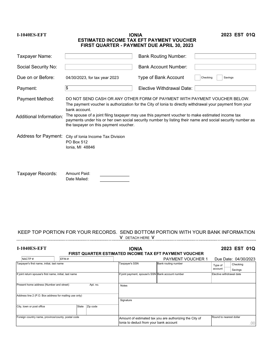 Form I-1040ES-EFT Estimated Income Tax Eft Payment Vouchers - City of Ionia, Michigan, Page 1