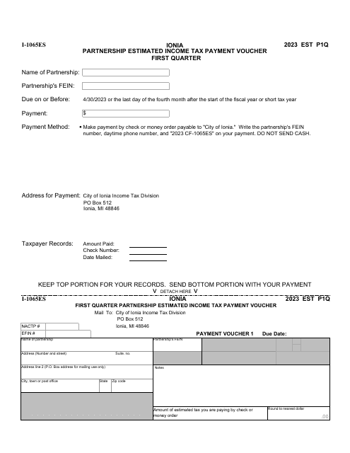 Form I-1065ES Partnership Estimated Income Tax Payment Vouchers - City of Ionia, Michigan, 2023