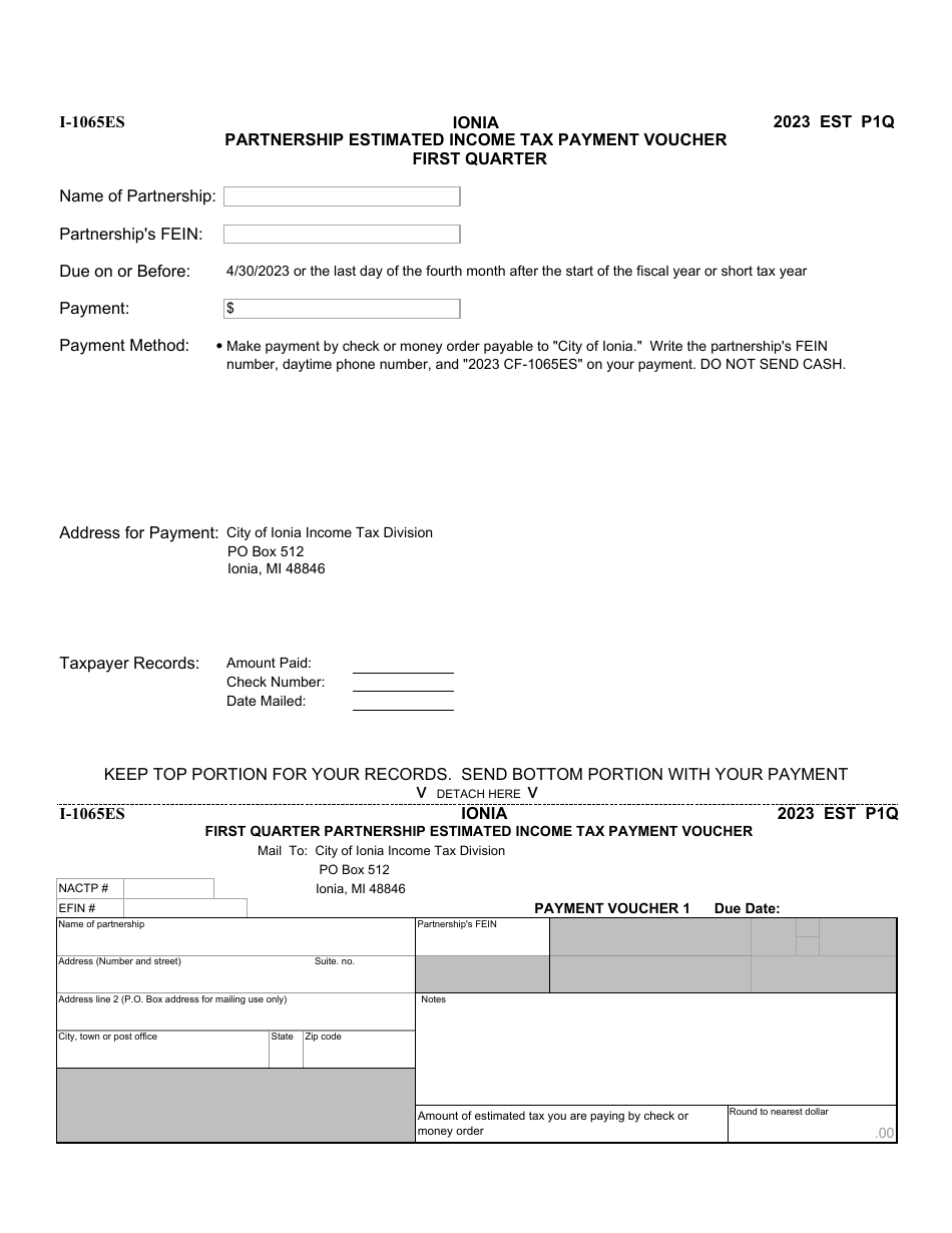 Form I-1065ES Partnership Estimated Income Tax Payment Vouchers - City of Ionia, Michigan, Page 1