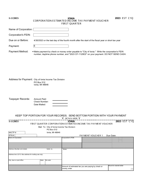 Form I-1120ES Corporation Estimated Income Tax Payment Vouchers - City of Ionia, Michigan, 2023