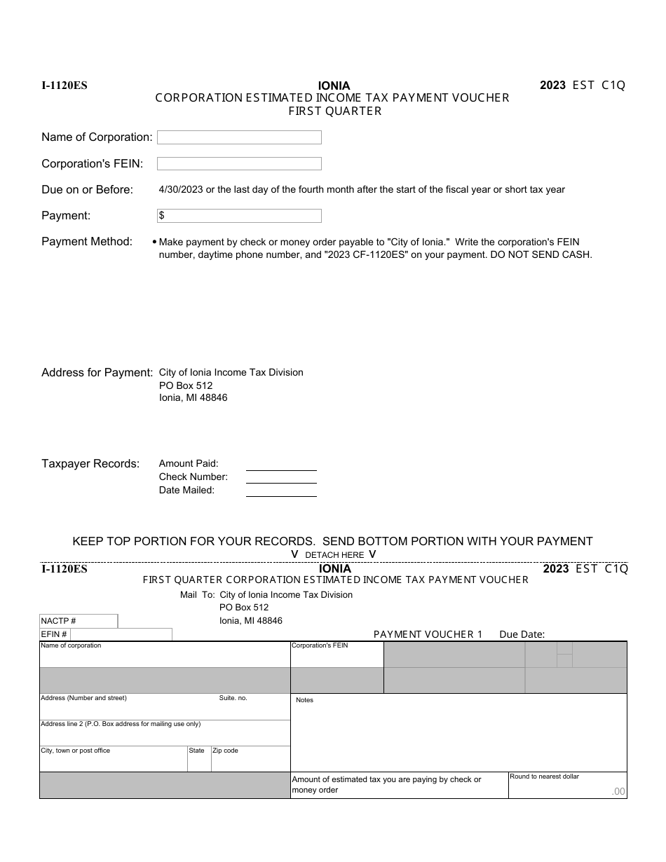 Form I-1120ES Corporation Estimated Income Tax Payment Vouchers - City of Ionia, Michigan, Page 1