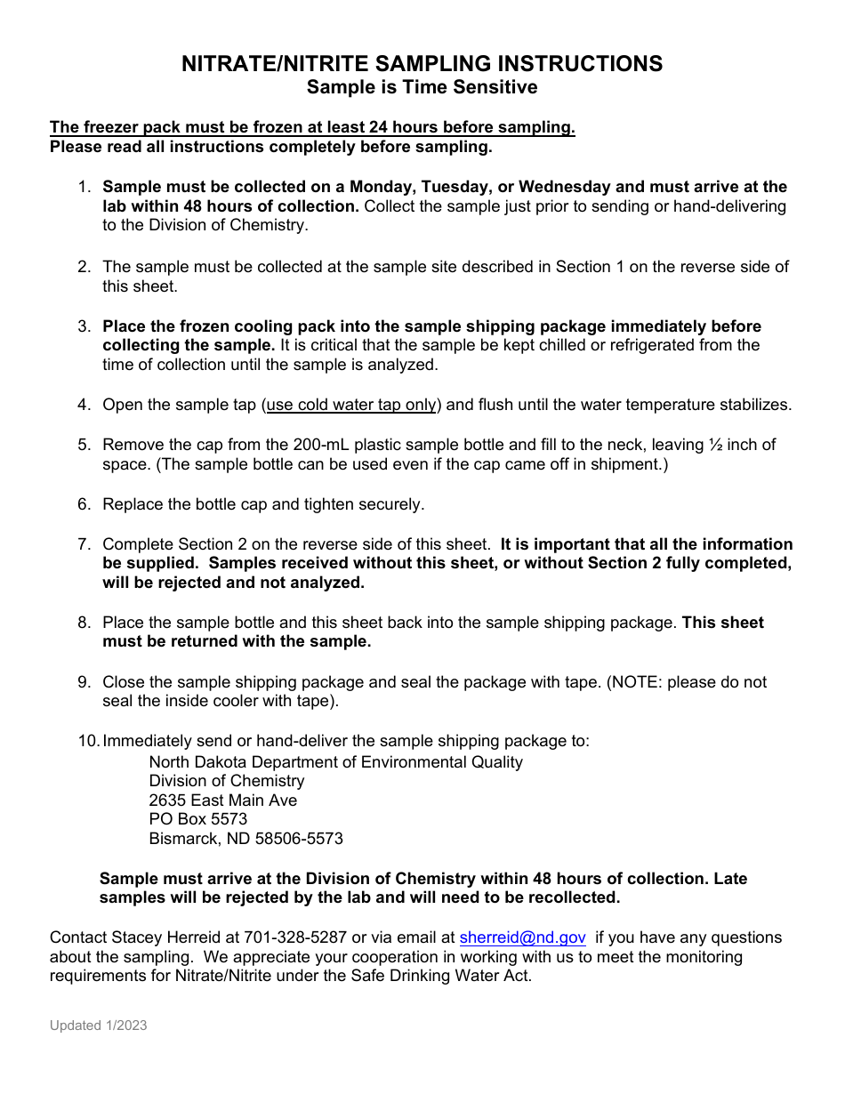 Individual Nitrate / Nitrite Sample Information Sheet - North Dakota, Page 2