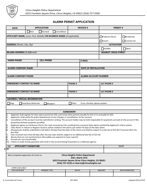 Form REC503 Alarm Permit Application - City of Citrus Heights, California