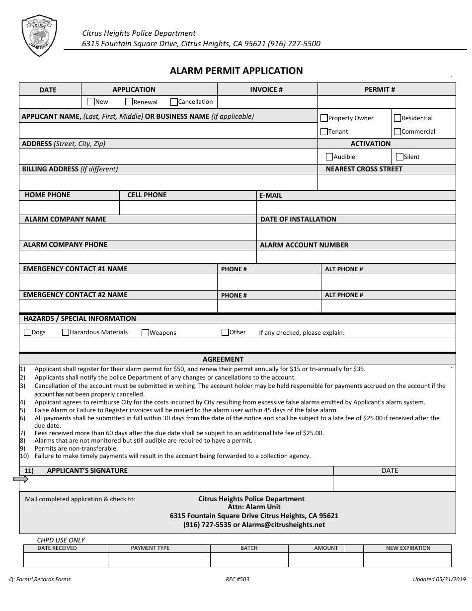 Form REC503 Alarm Permit Application - City of Citrus Heights, California, Page 1