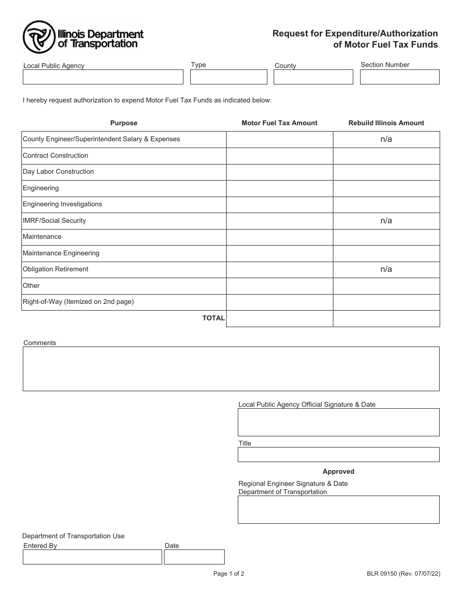 Form BLR09150 Request for Expenditure / Authorization of Motor Fuel Tax Funds - Illinois, Page 1