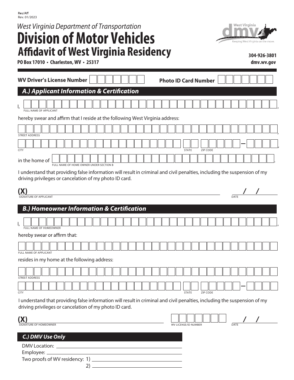 Affidavit of West Virginia Residency - West Virginia, Page 1