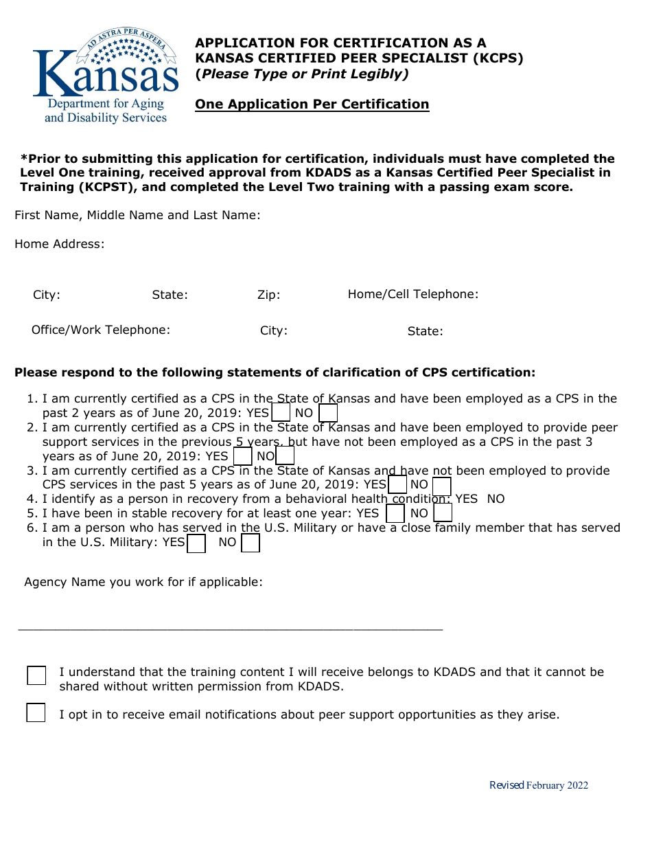 Application for Certification as a Kansas Certified Peer Specialist (Kcps) - Kansas, Page 1