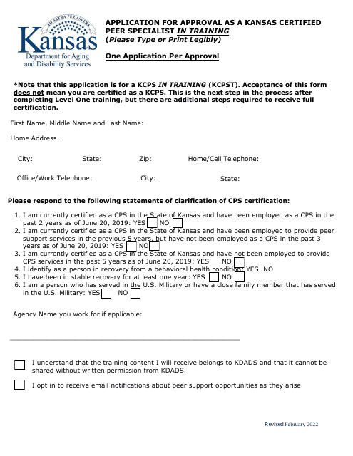 Application for Approval as a Kansas Certified Peer Specialist in Training - Kansas Download Pdf