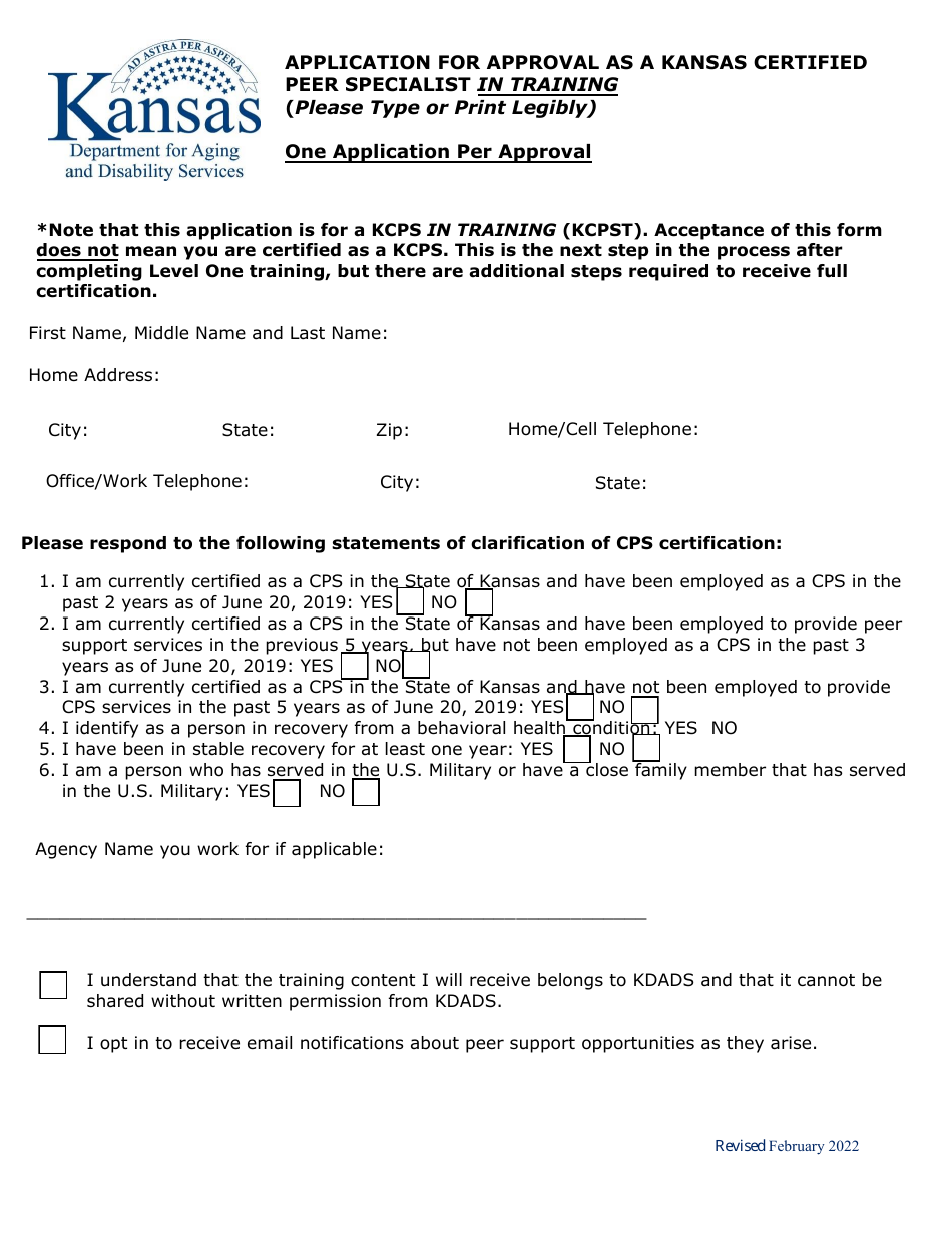 Application for Approval as a Kansas Certified Peer Specialist in Training - Kansas, Page 1
