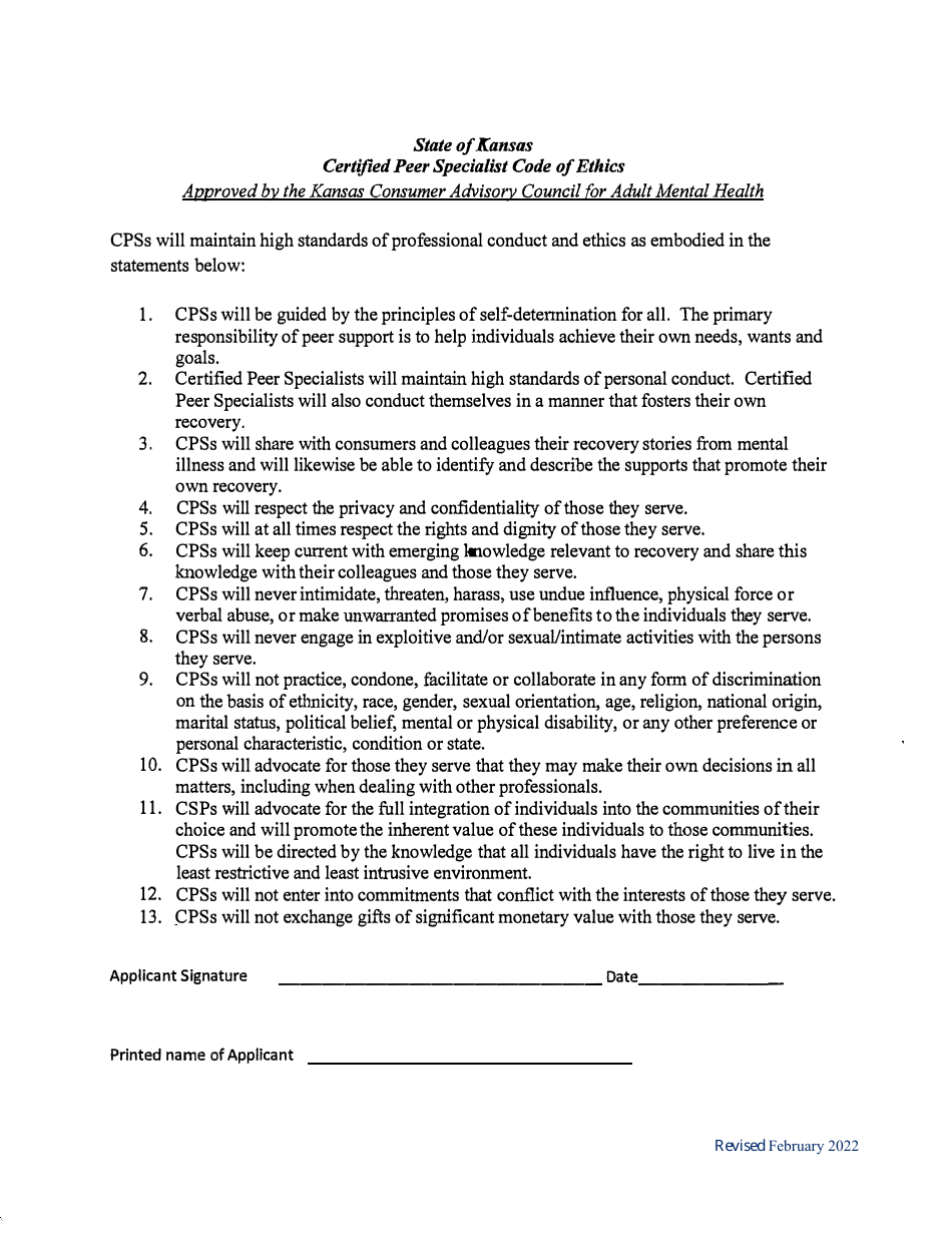 Application for Approval as a Kansas Certified Peer Specialist in Training - Kansas, Page 2