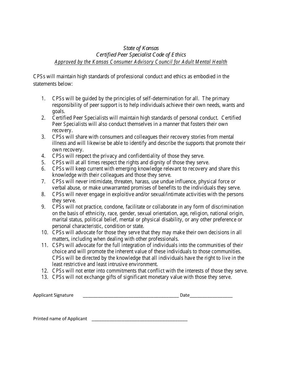 Certified Peer Specialist Code of Ethics - Kansas, Page 1