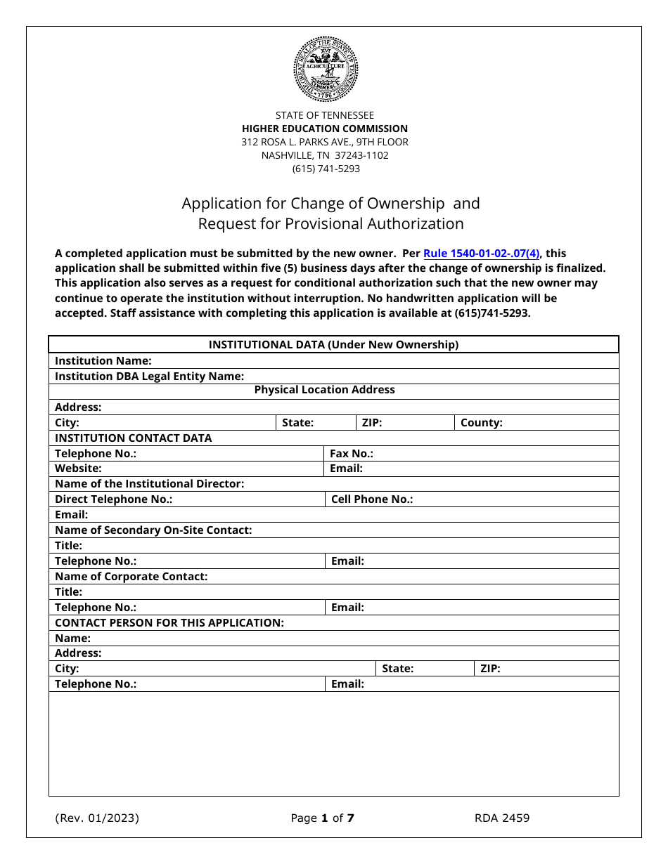 Application for Change of Ownership and Request for Provisional Authorization - Tennessee, Page 1