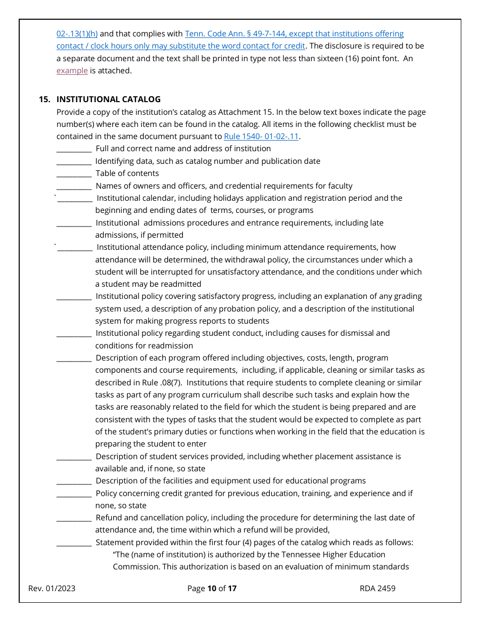 Application for Initial Authorization of a Postsecondary Educational Institution - Tennessee, Page 10