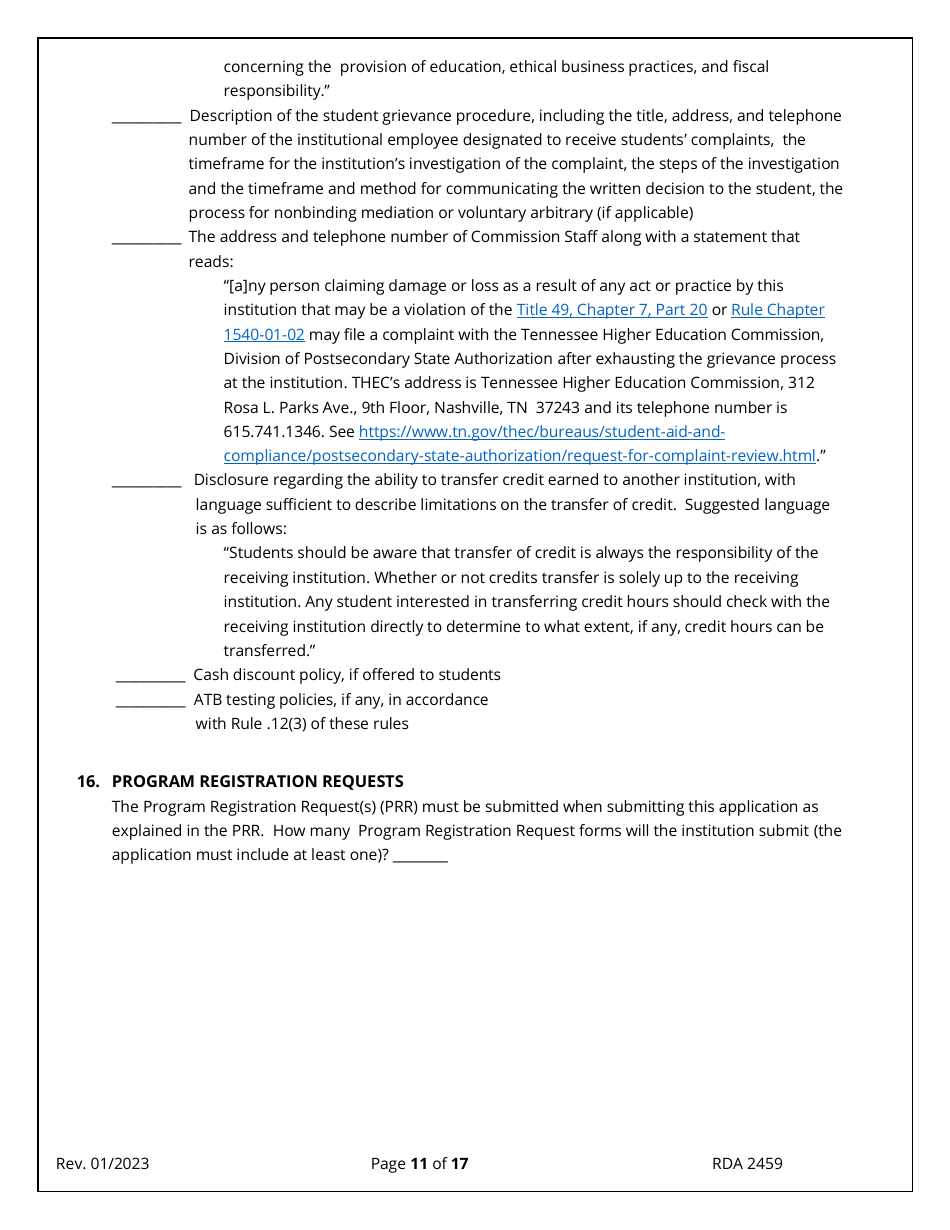 Application for Initial Authorization of a Postsecondary Educational Institution - Tennessee, Page 11