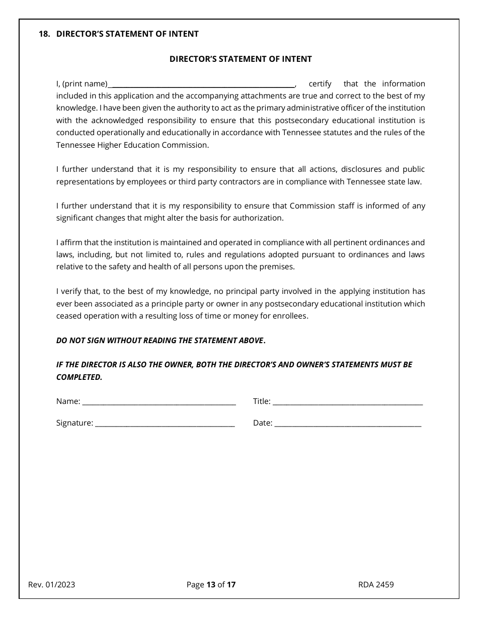 Application for Initial Authorization of a Postsecondary Educational Institution - Tennessee, Page 13