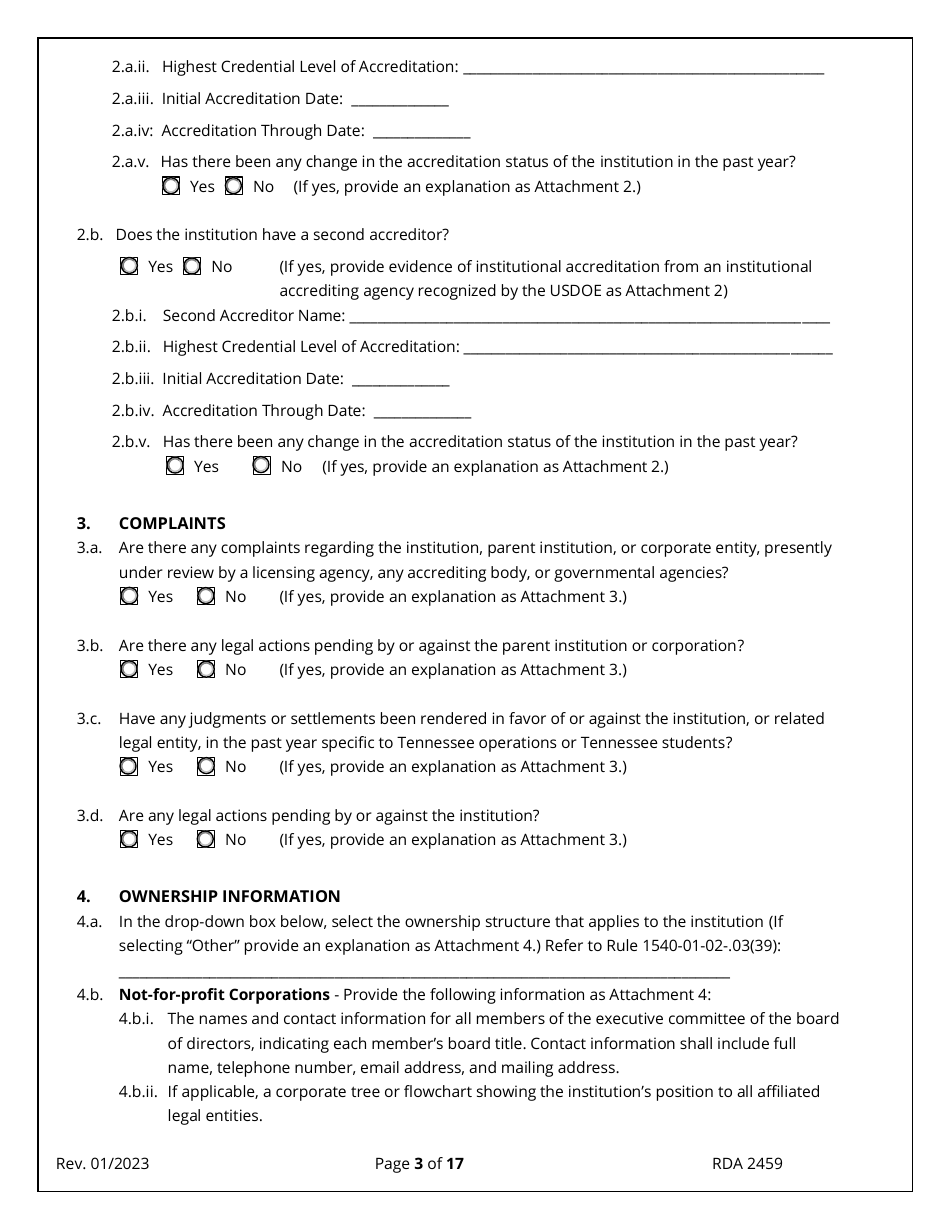Application for Initial Authorization of a Postsecondary Educational Institution - Tennessee, Page 3