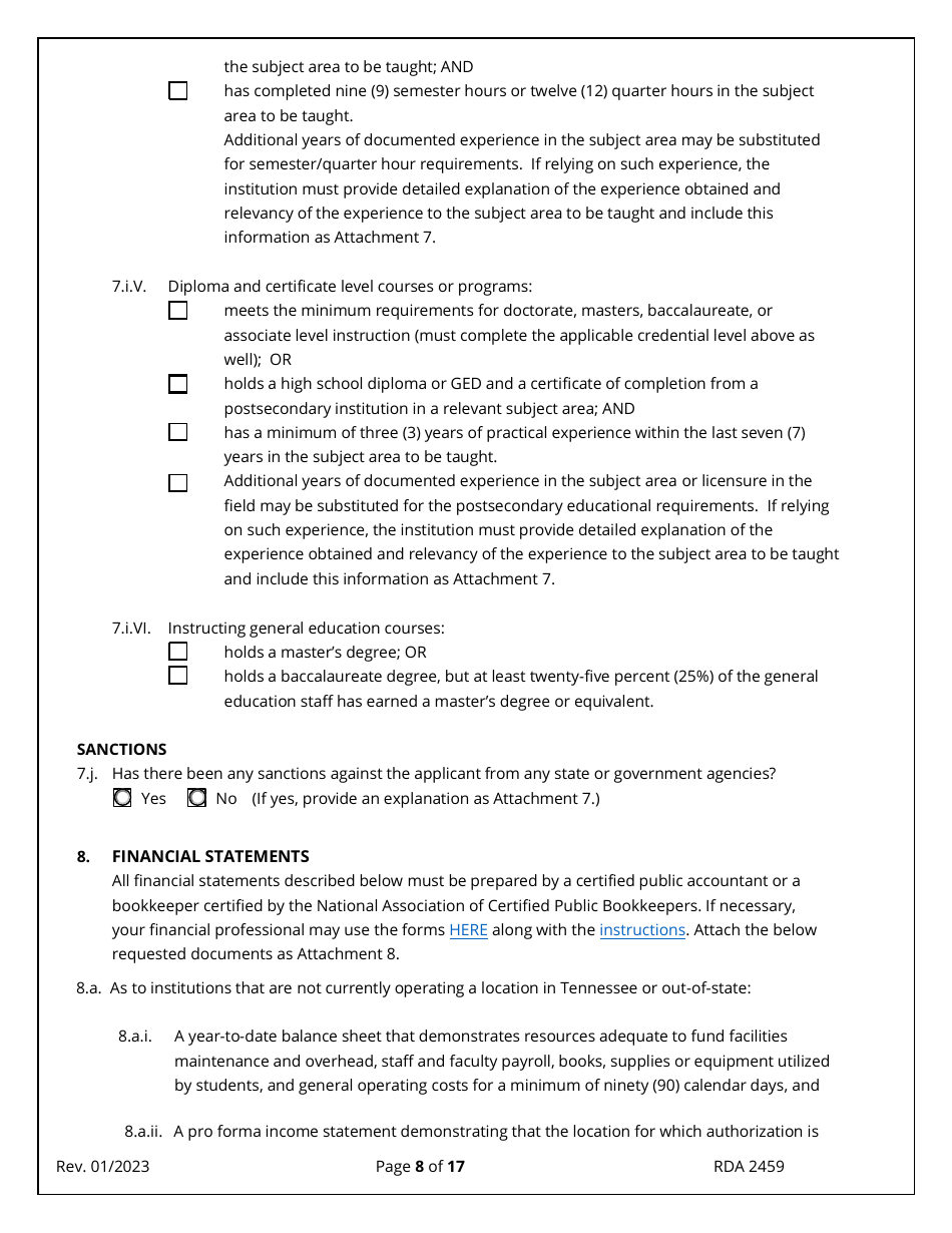 Application for Initial Authorization of a Postsecondary Educational Institution - Tennessee, Page 8