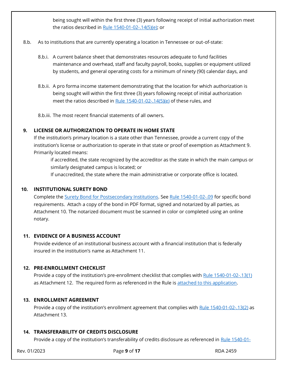 Application for Initial Authorization of a Postsecondary Educational Institution - Tennessee, Page 9