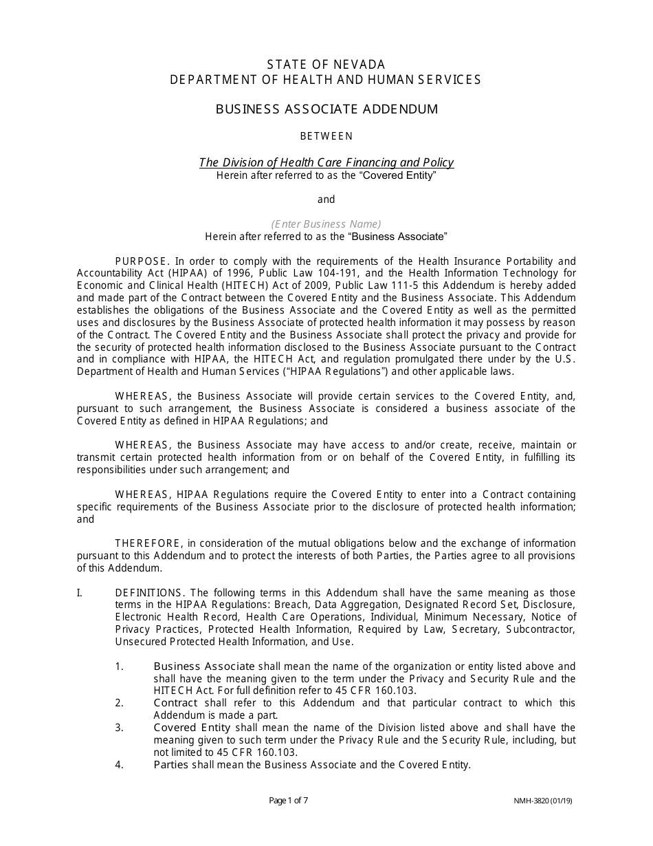 Form NMH-3820 Business Associate Addendum - Nevada, Page 1