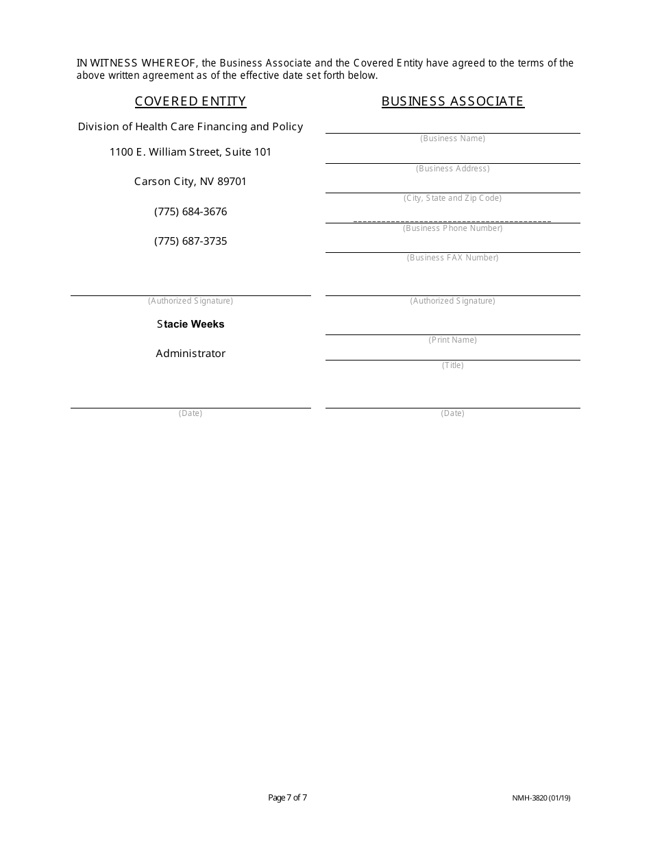 Form NMH-3820 Business Associate Addendum - Nevada, Page 7